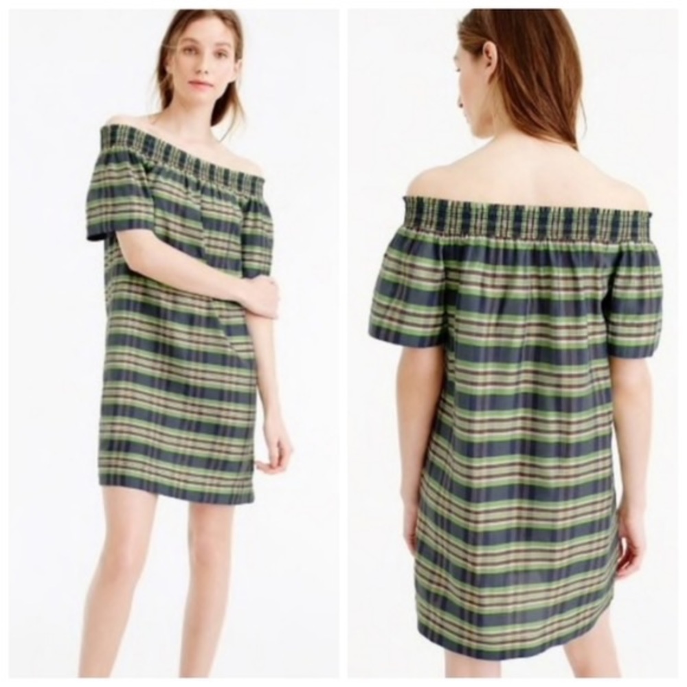 NEW $198 J. Crew Collection Silk Plaid Off the Shoulder Dress *721
